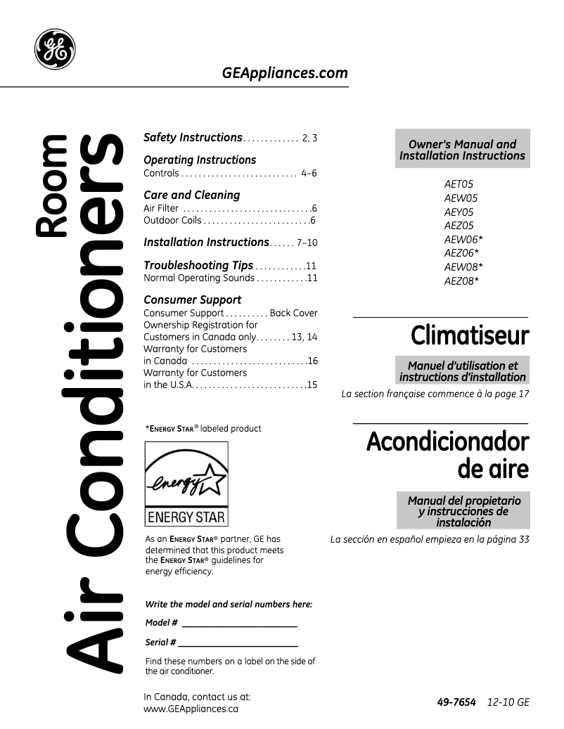 Page 1 de la notice Guide d'installation GE AEY05LQ