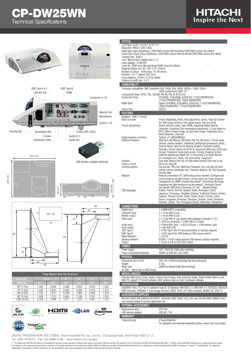 Page n°1 - Fiche technique Hitachi CP-DW25WN