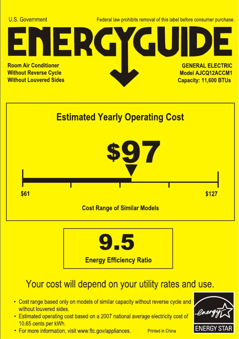Page 1 de la notice Label énergétique GE AJCQ12ACC