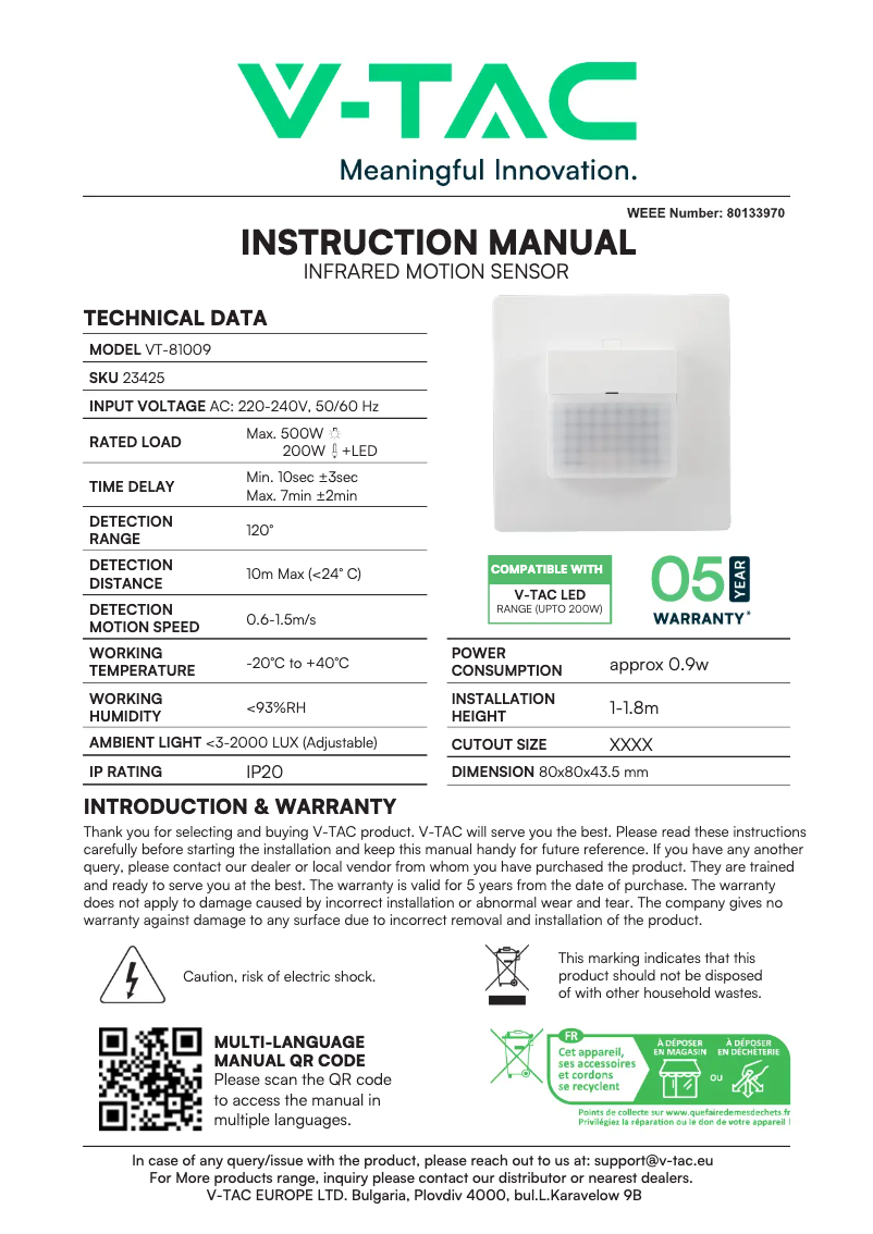 Page 1 de la notice Manuel utilisateur V-TAC VT-81009