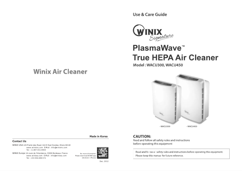 Page 1 de la notice Manuel utilisateur Winix WACU300