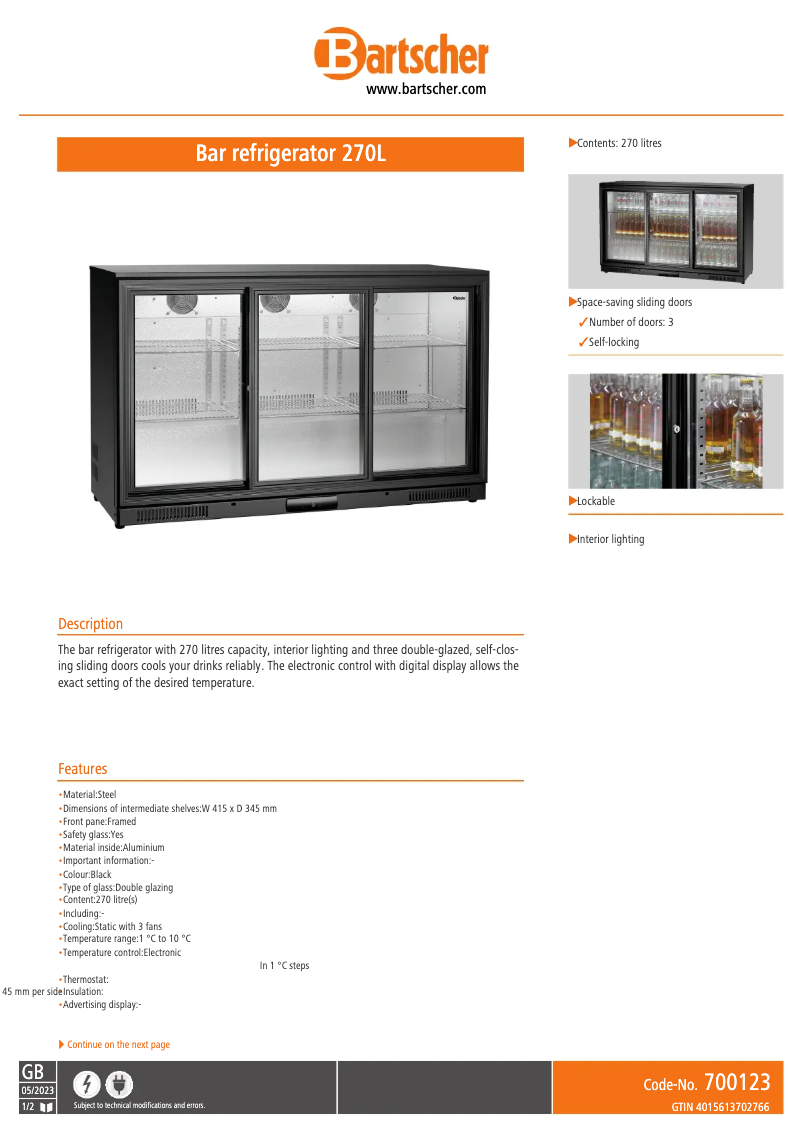 Page 1 de la notice Fiche technique Bartscher 700123
