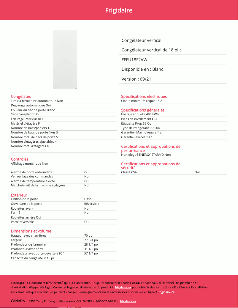 Page n°1 - Fiche technique Frigidaire FFFU18F2VW