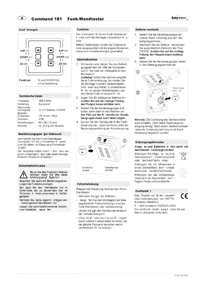 Imagen de la primera página del manual del dispositivo Command 181 Easywave