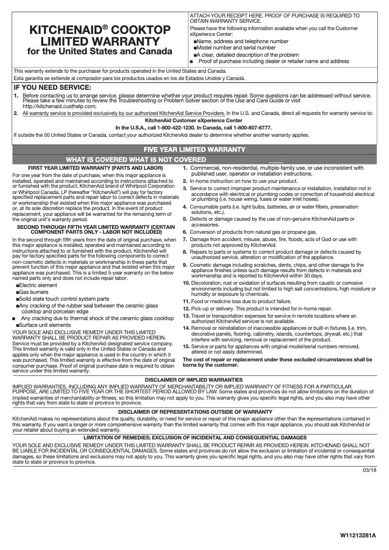 Page 1 de la notice Informations de garantie KitchenAid KIKITKCES550HSS