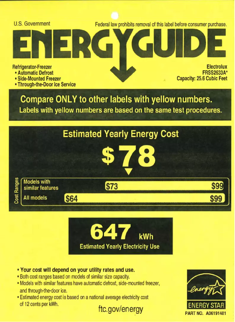 Página 1 del manual Etiqueta energética Frigidaire FRSS2633AS