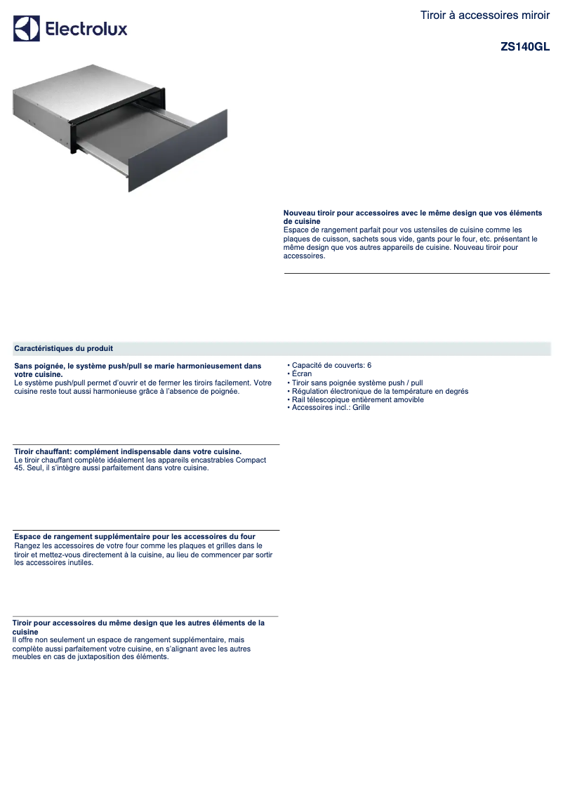 Page 1 de la notice Fiche technique Electrolux ZS140GL