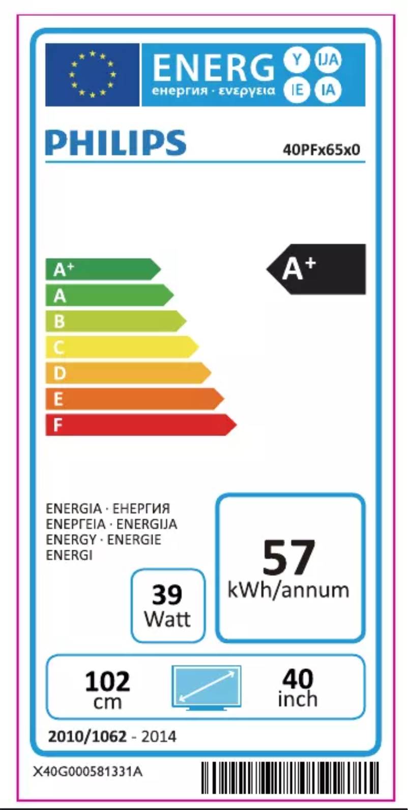 Page 1 de la notice Label énergétique Philips 40PFT6510