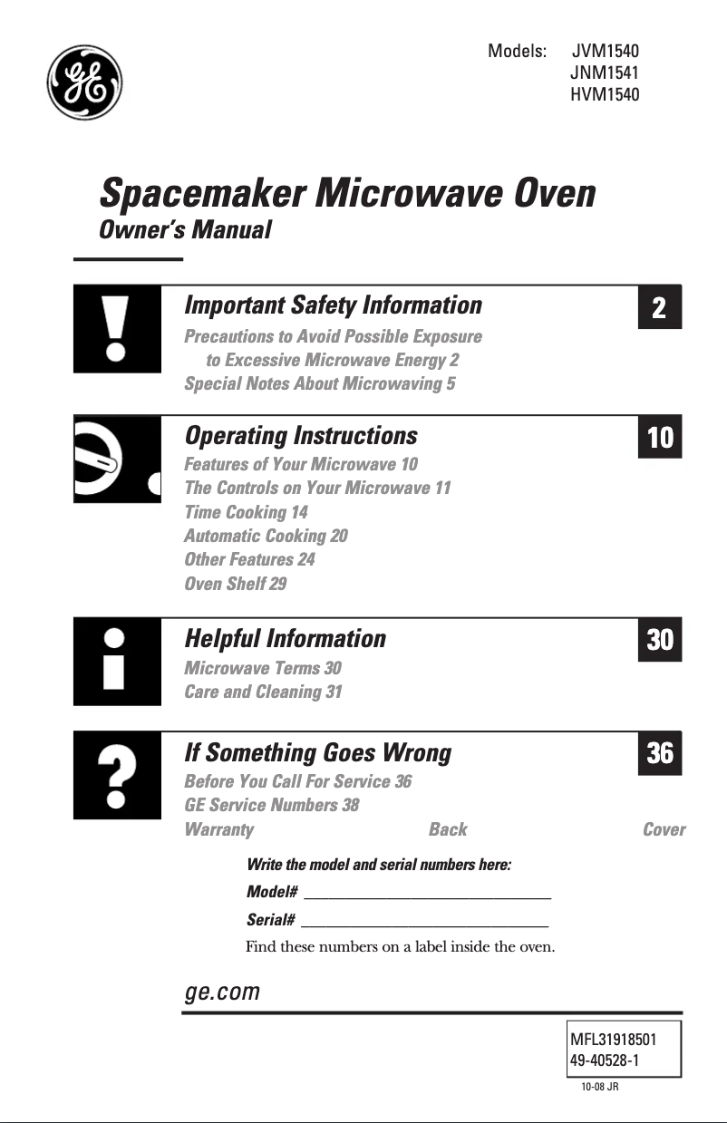 Page n°1 - Manuel utilisateur GE Spacemaker JVM1540DNWW