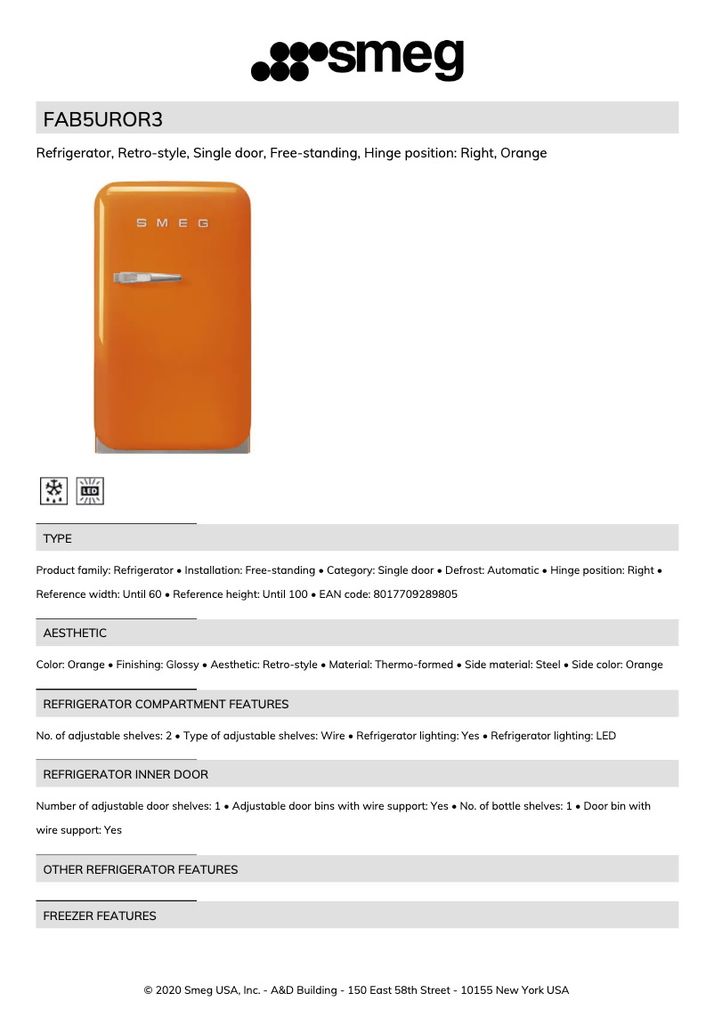 Page 1 de la notice Fiche technique Smeg FAB5UROR3
