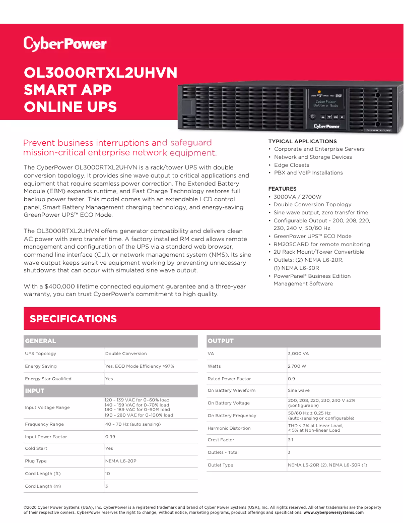 Página 1 del manual Ficha técnica CyberPower OL3000RTXL2UHVN