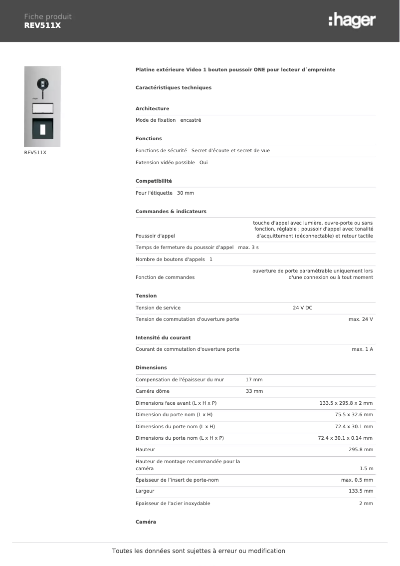 Page n°1 - Fiche technique Hager REV511X