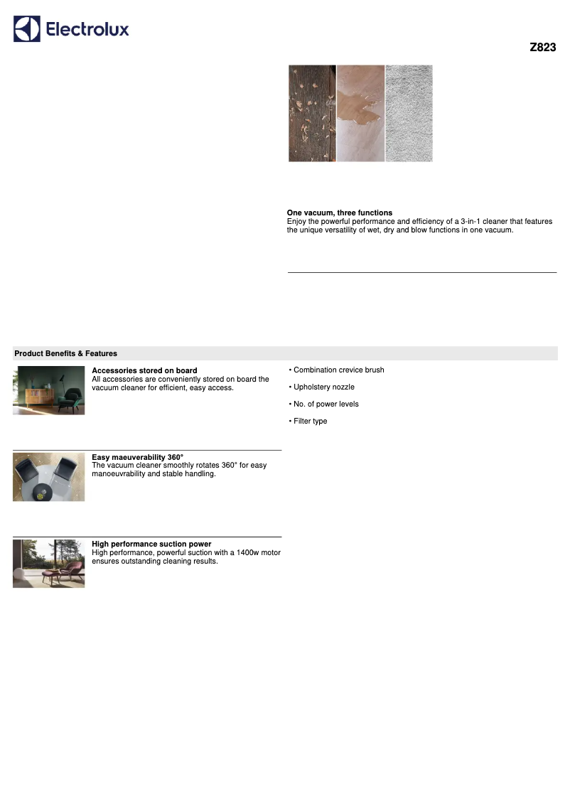 Página 1 del manual Ficha técnica Electrolux Z823