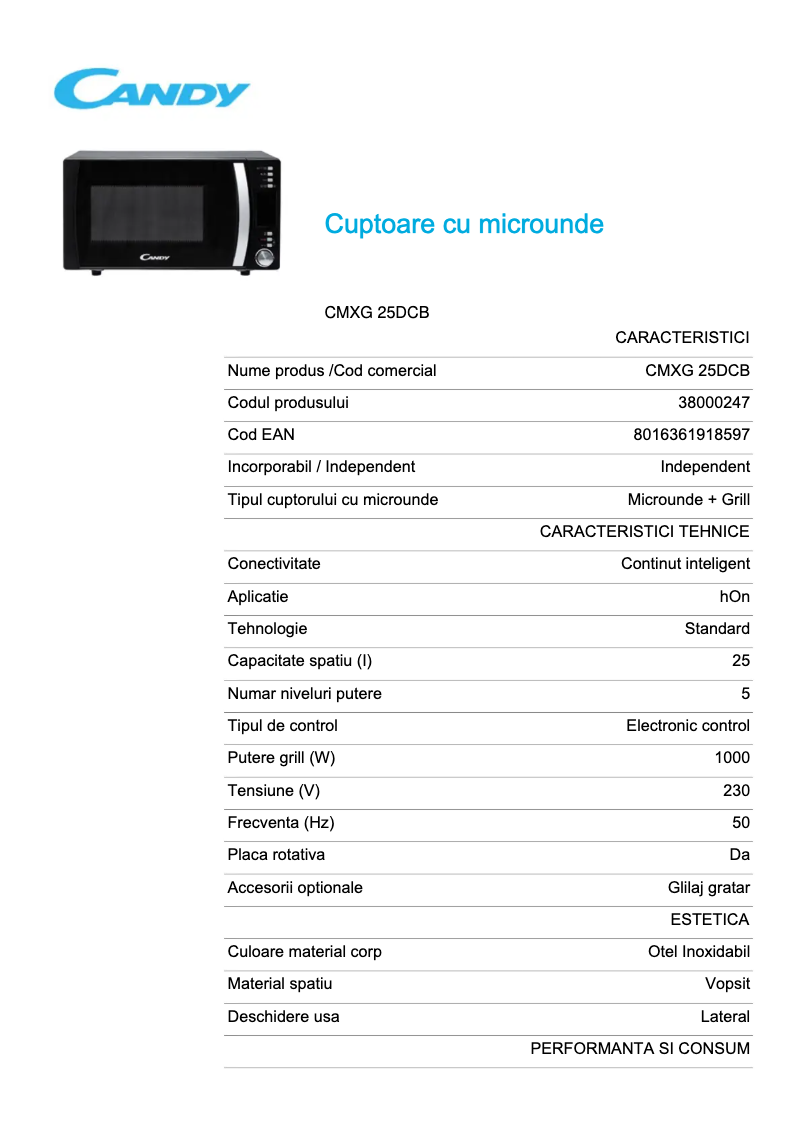 Page 1 de la notice Fiche technique Candy CMXG 25DCB
