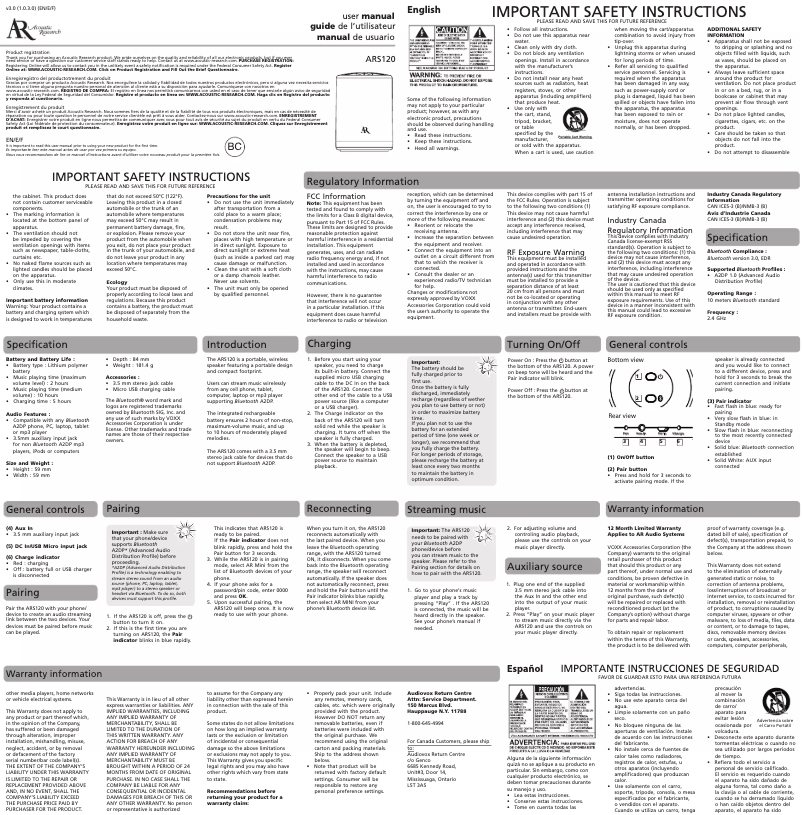 Page 1 de la notice Manuel utilisateur VOXX ARS120WH
