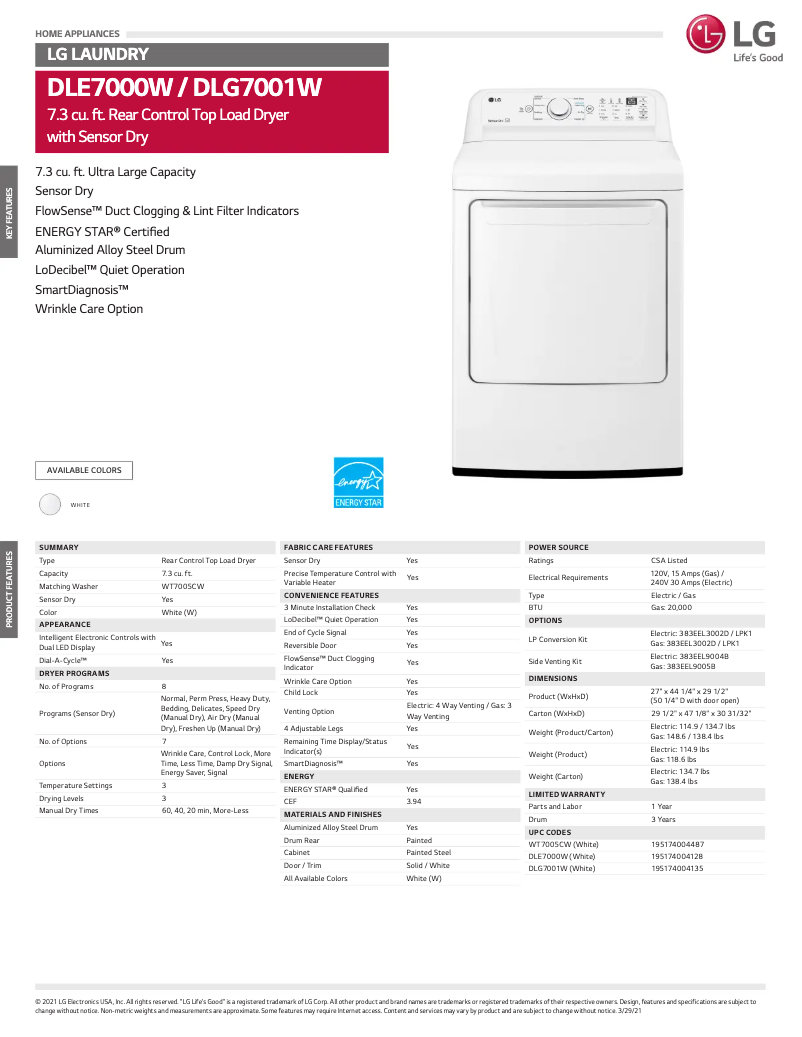 Página 1 del manual Ficha técnica LG DLG7001W