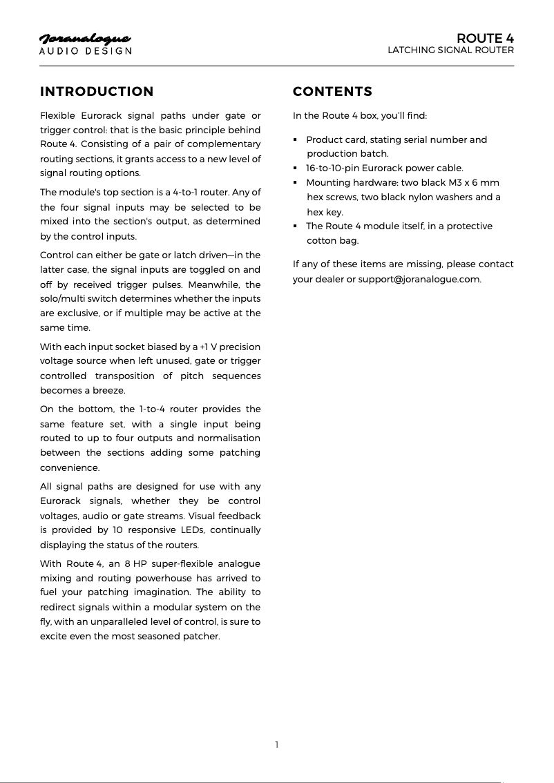 Page 1 de la notice Manuel utilisateur Joranalogue Route 4