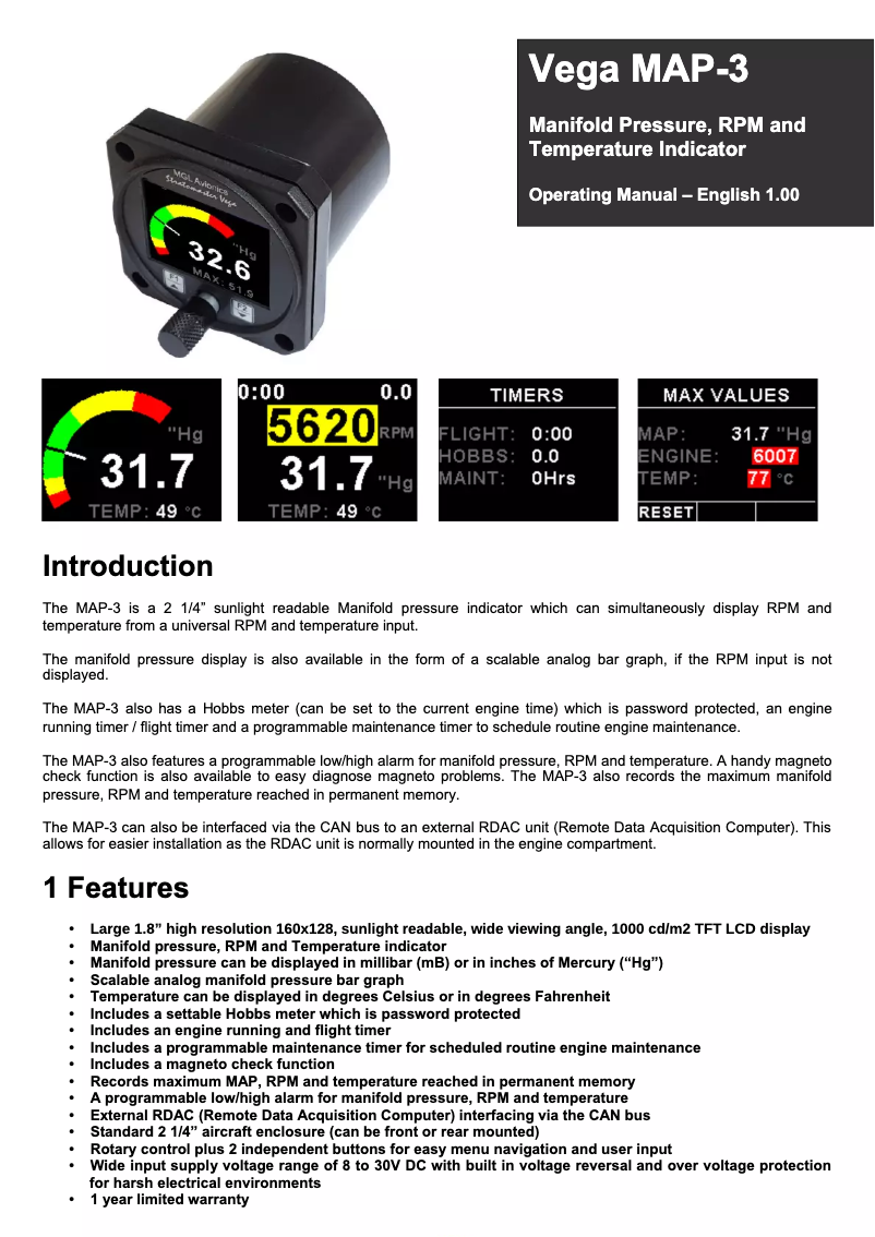 Page n°1 - Manuel utilisateur MGL Avionics Vega MAP-3