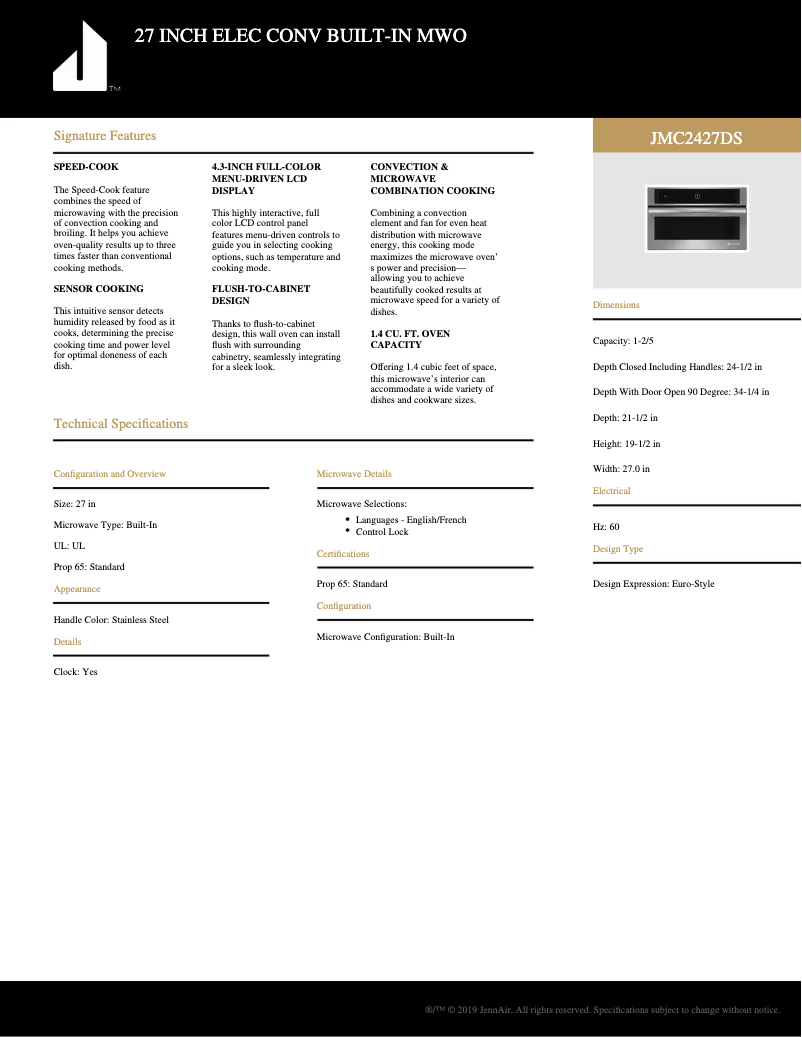 Page 1 de la notice Fiche technique KitchenAid JMC2427DS