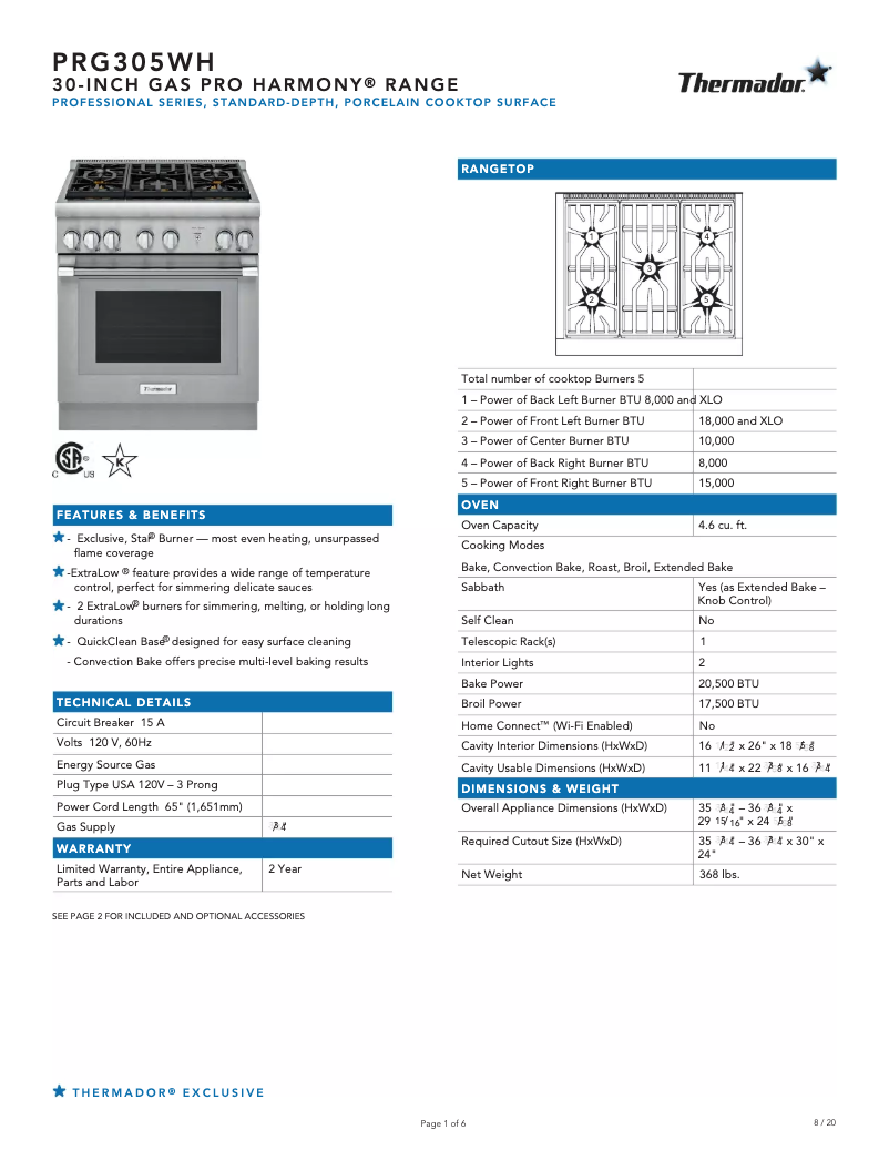 Page n°1 - Fiche technique Thermador PRG305WH