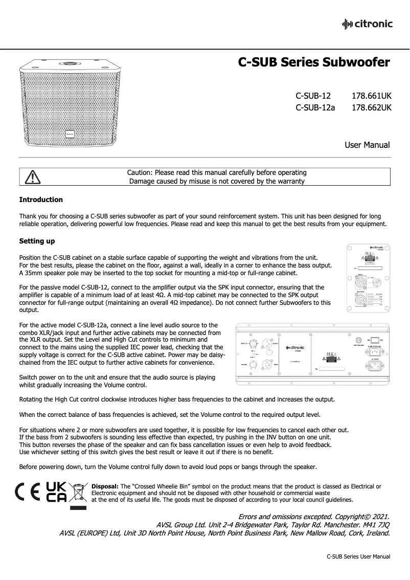 Page n°1 - Manuel utilisateur Citronic C-SUB-12