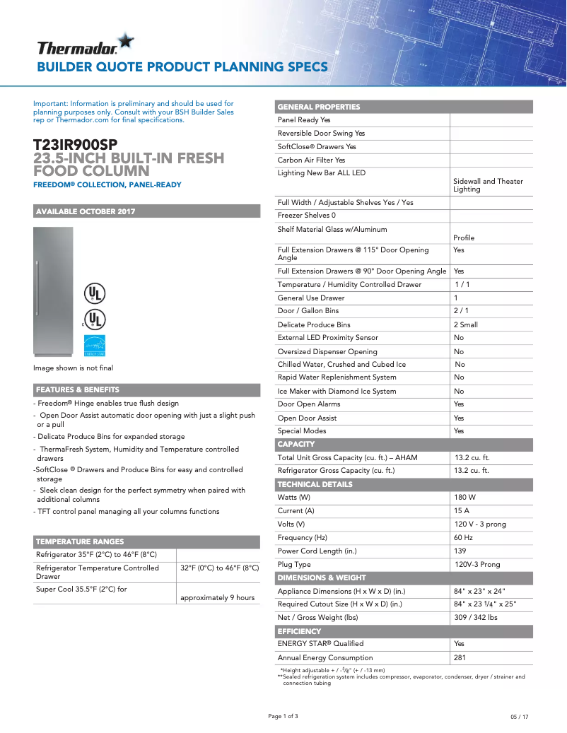 Page 1 de la notice Fiche technique Thermador T23IR900SP