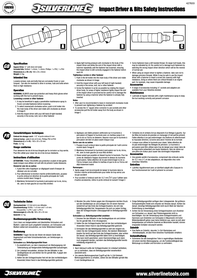 Page 1 de la notice Manuel utilisateur Silverline 427633