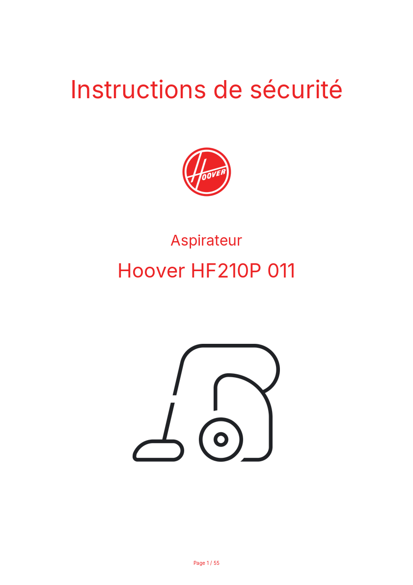 Page n°1 - Instructions de sécurité Hoover HF210P 011