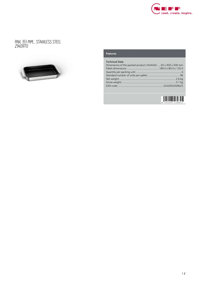 Página 1 del manual Ficha técnica Neff Z9401FF0