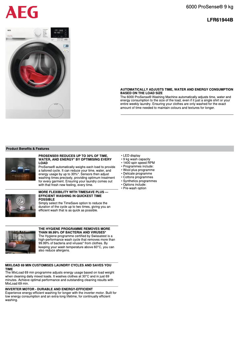 Page 1 de la notice Fiche technique AEG LFR61944B