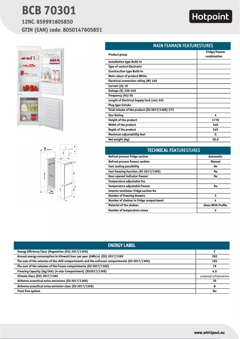Page n°1 - Fiche technique Hotpoint BCB 70301 AA