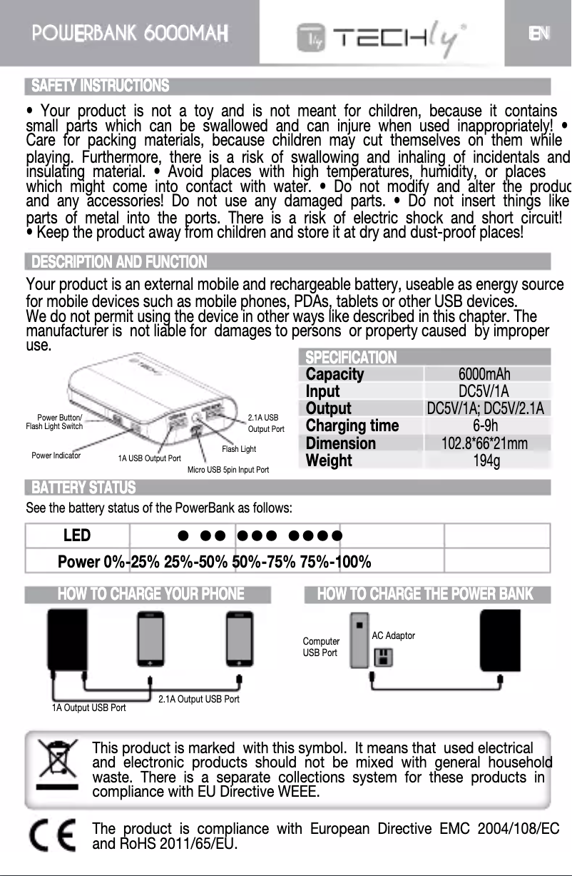 Page n°1 - Manuel utilisateur Techly LiPo 6000mAh