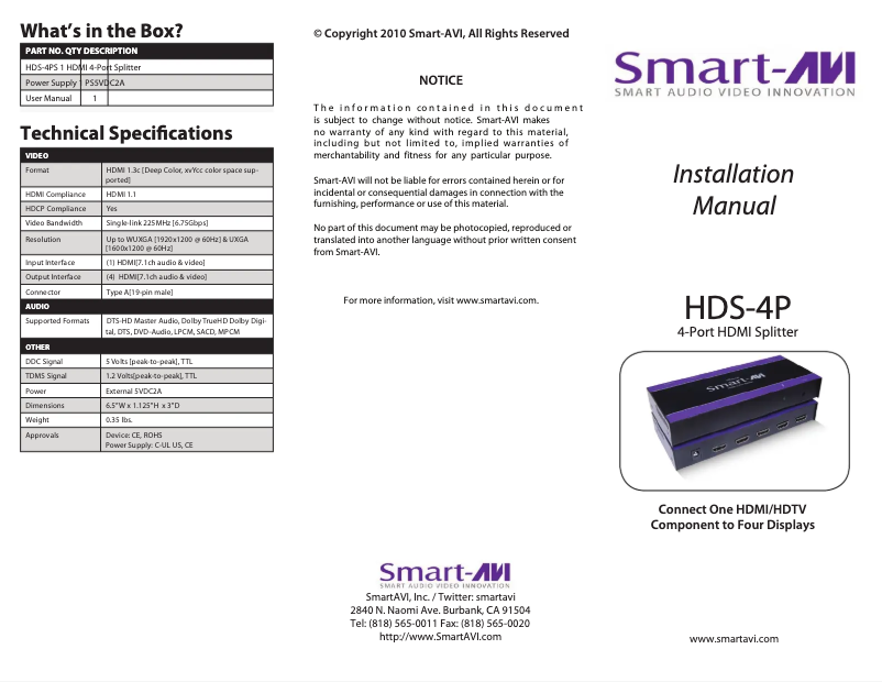 Page n°1 - Manuel utilisateur Smart-AVI HDS-4PS