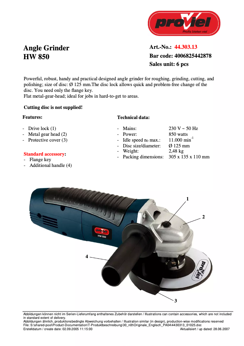 Page n°1 - Fiche technique Proviel HW 850