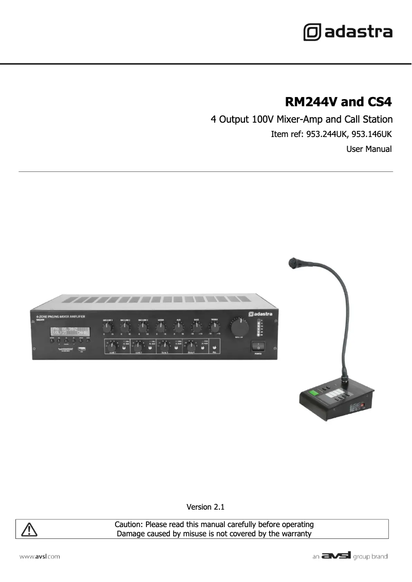 Page 1 de la notice Manuel utilisateur Adastra RM244V