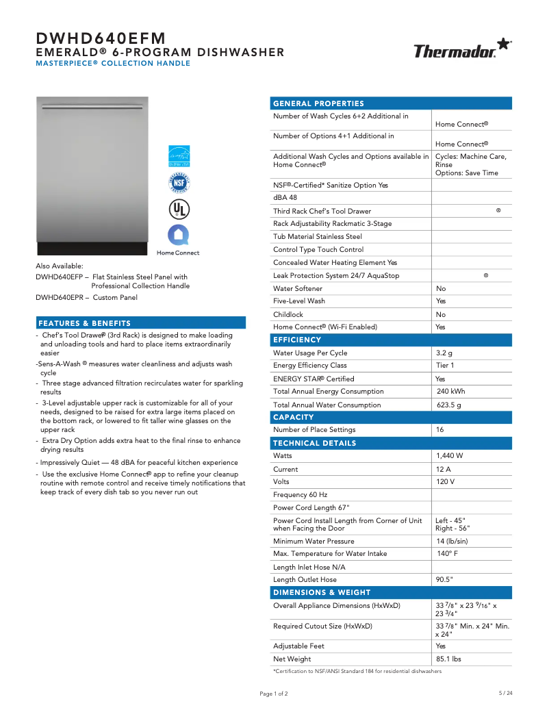Page 1 de la notice Fiche technique Thermador DWHD640EFM