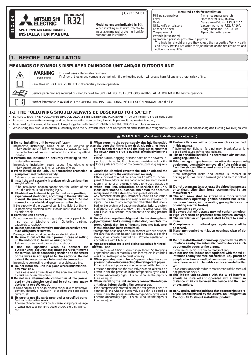 Page 1 de la notice Guide d'installation Mitsubishi MSZ-AP71VGD