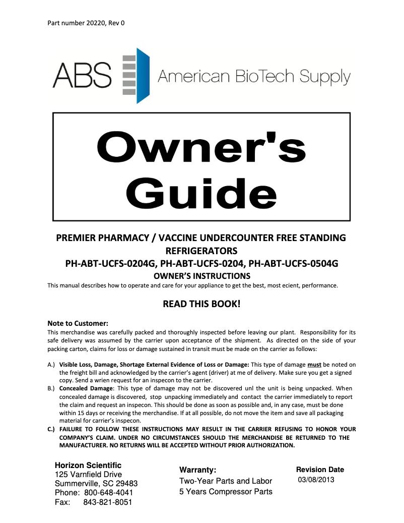 Page n°1 - Manuel d'utilisation et d'entretien American BioTech Supply PH-ABT-HC-UCFS-0504G