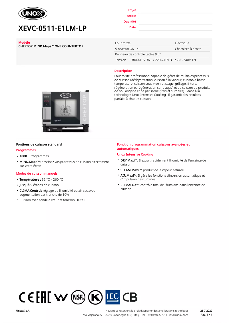 Page 1 of the manual Technical Sheet Unox CHEFTOP MIND.Maps ONE