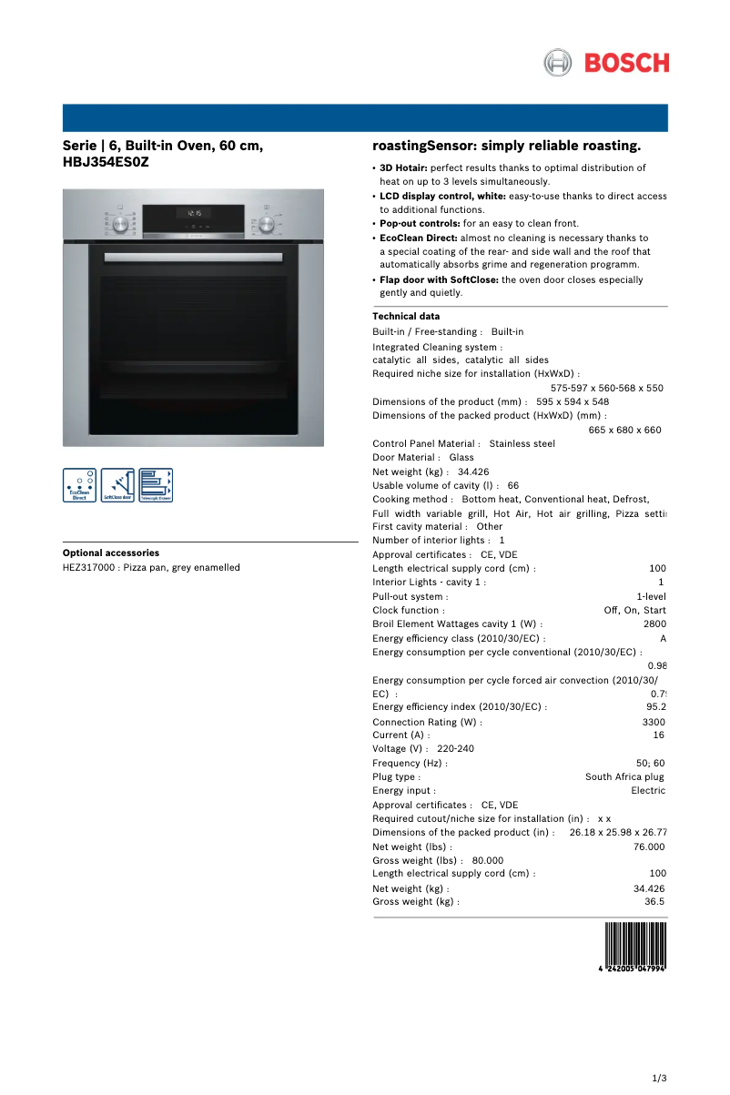 Page 1 de la notice Fiche technique Bosch HBJ354ES0Z
