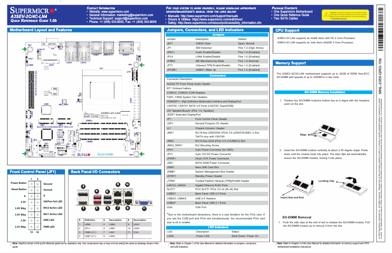 Page 1 de la notice Guide de démarrage rapide Supermicro A3SEV-4C-LN4