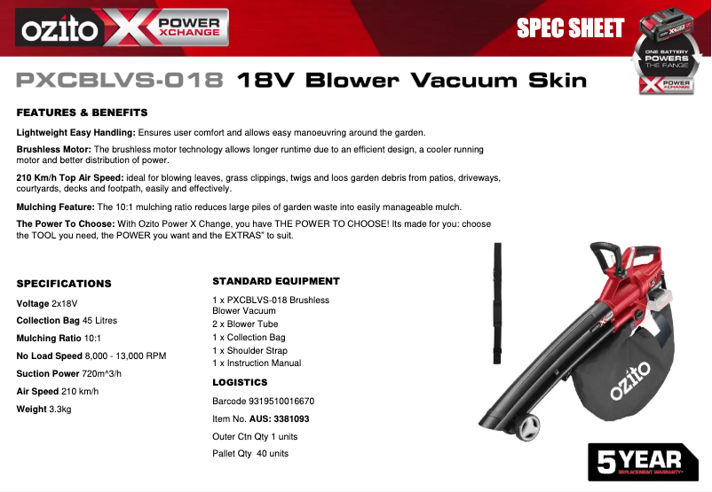 Página 1 del manual Ficha técnica Ozito PXCBLVS-018