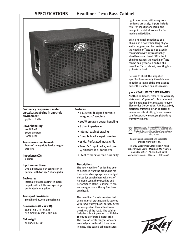 Page 1 de la notice Fiche technique Peavey Headliner 210
