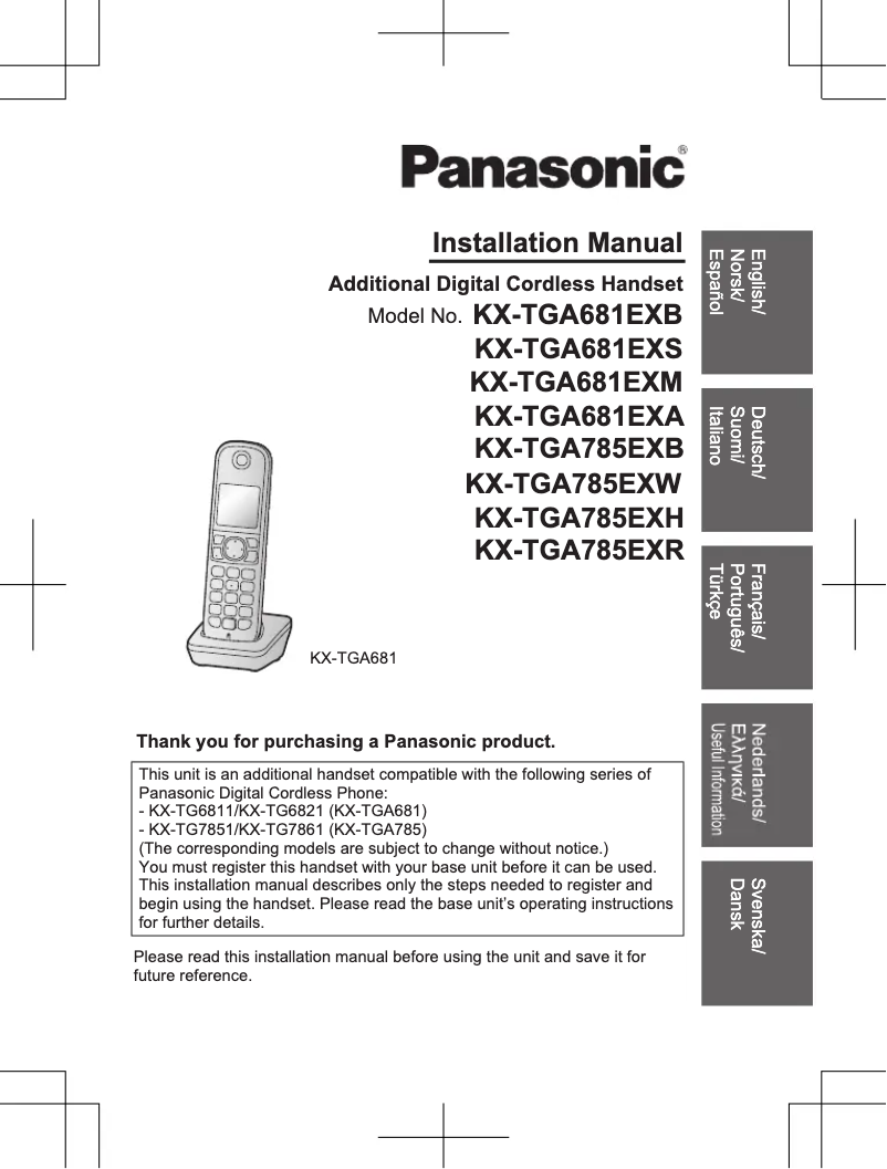 Image de la première page du manuel de l'appareil KX-TGA785EX