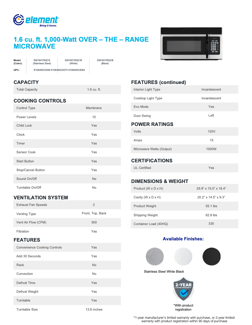Page 1 de la notice Fiche technique Element EM1601RQCS