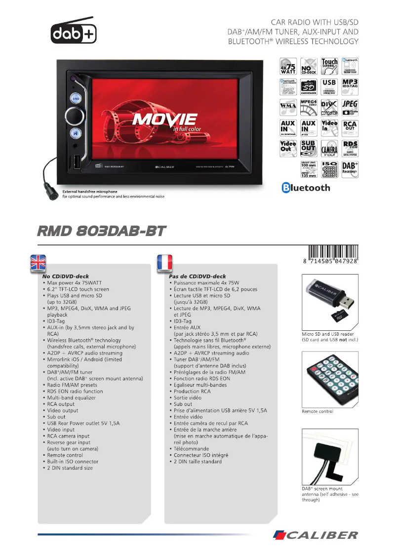 Page 1 de la notice Manuel utilisateur Caliber RMD803DAB-BT