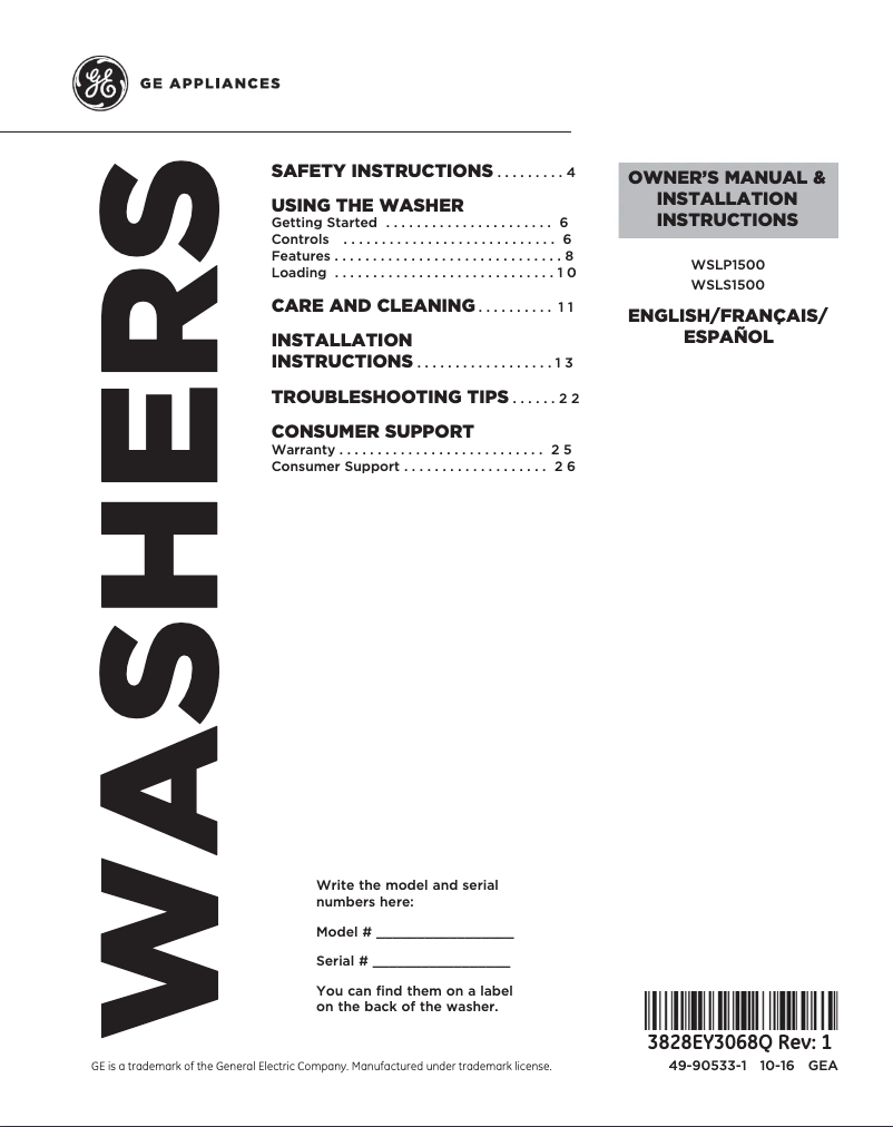 Imagen de la primera página del manual del dispositivo WSLP1500HWW