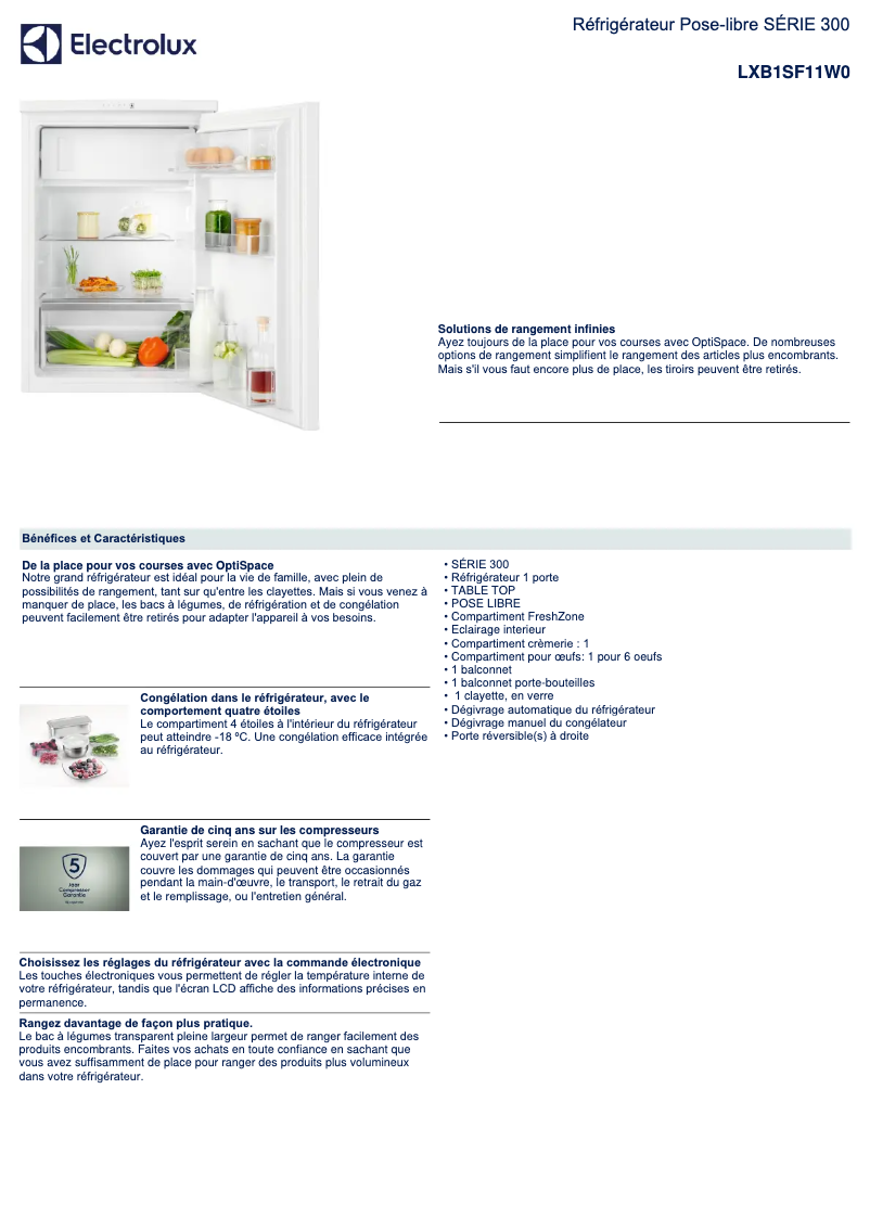 Page n°1 - Fiche technique Electrolux LXB1SF11W0