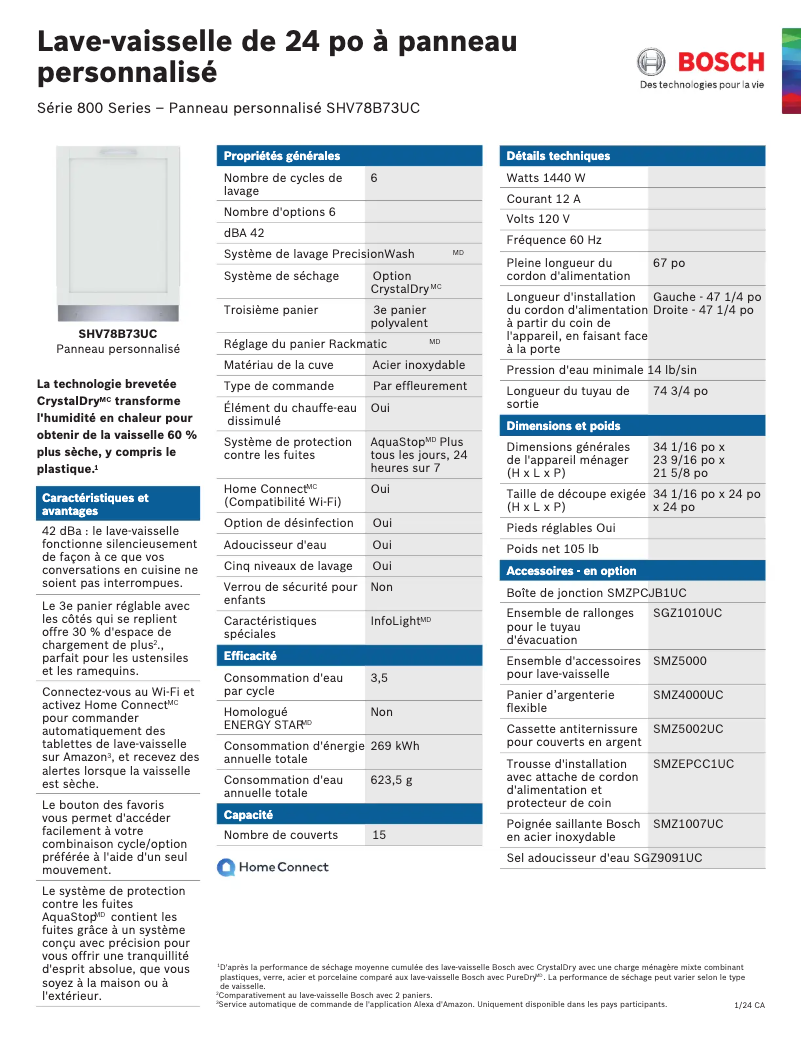 Page n°1 - Fiche technique Bosch SHV78B73UC