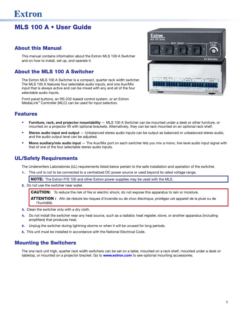 Page 1 de la notice Manuel utilisateur Extron MLS 100 A